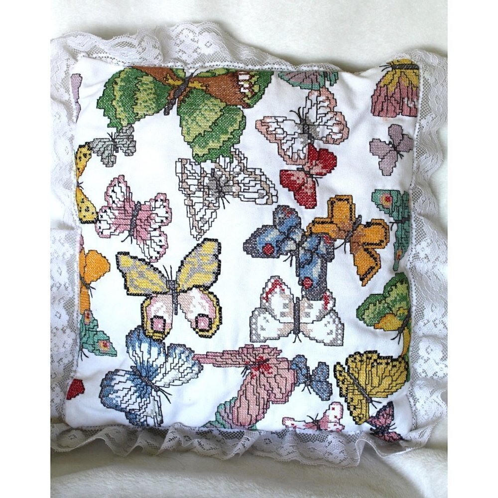 Handmade Butterflies Needlepoint Pillow cross stitch Multicolor Lace edges